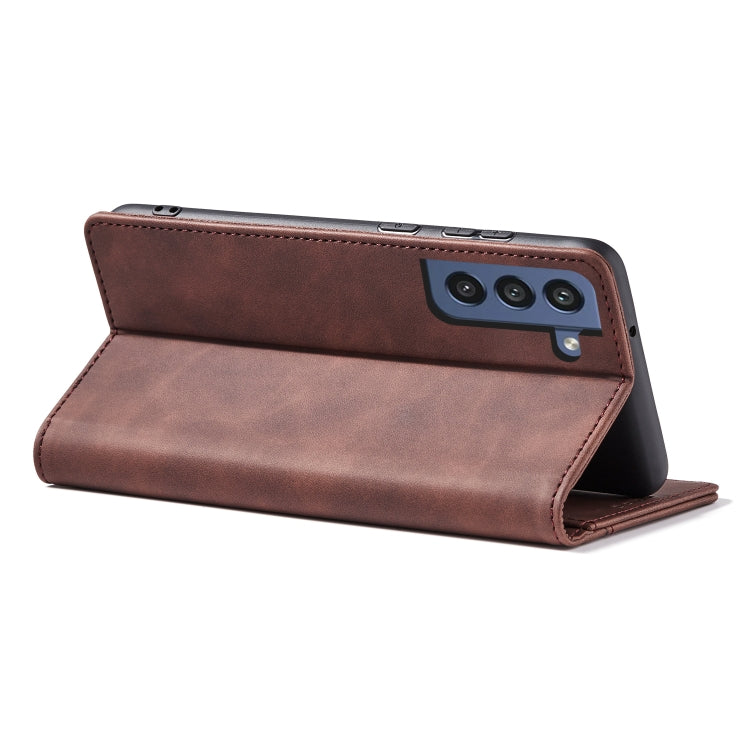 For Samsung Galaxy S21 FE 5G Skin-feel Calfskin Texture Magnetic Dual-Fold Horizontal Flip Leather Case with Holder & Card Slots & Wallet