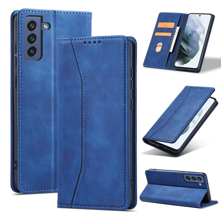 For Samsung Galaxy S21 FE 5G Skin-feel Calfskin Texture Magnetic Dual-Fold Horizontal Flip Leather Case with Holder & Card Slots & Wallet