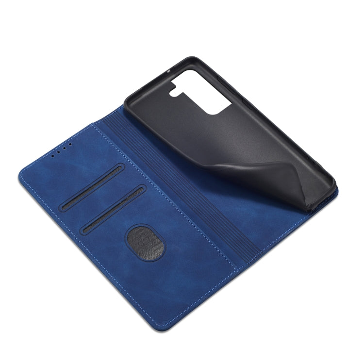 For Samsung Galaxy S21 FE 5G Skin-feel Calfskin Texture Magnetic Dual-Fold Horizontal Flip Leather Case with Holder & Card Slots & Wallet