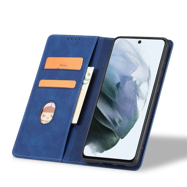 For Samsung Galaxy S21 FE 5G Skin-feel Calfskin Texture Magnetic Dual-Fold Horizontal Flip Leather Case with Holder & Card Slots & Wallet
