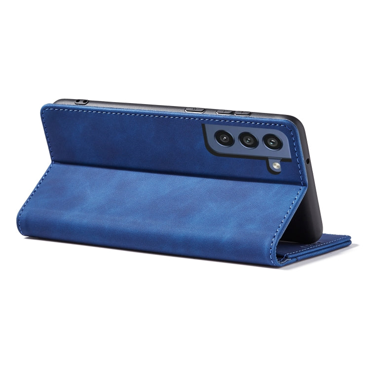 For Samsung Galaxy S21 FE 5G Skin-feel Calfskin Texture Magnetic Dual-Fold Horizontal Flip Leather Case with Holder & Card Slots & Wallet