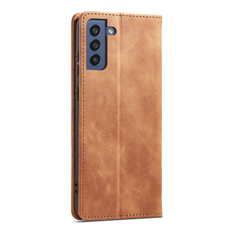 For Samsung Galaxy S21 FE 5G Skin-feel Calfskin Texture Magnetic Dual-Fold Horizontal Flip Leather Case with Holder & Card Slots & Wallet