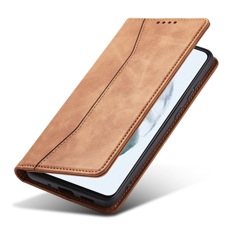 For Samsung Galaxy S21 FE 5G Skin-feel Calfskin Texture Magnetic Dual-Fold Horizontal Flip Leather Case with Holder & Card Slots & Wallet