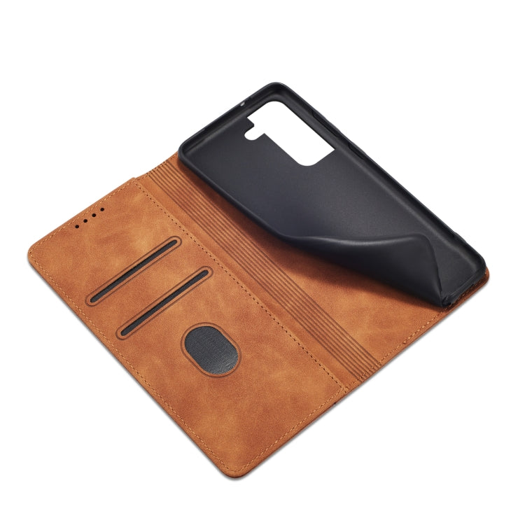 For Samsung Galaxy S21 FE 5G Skin-feel Calfskin Texture Magnetic Dual-Fold Horizontal Flip Leather Case with Holder & Card Slots & Wallet