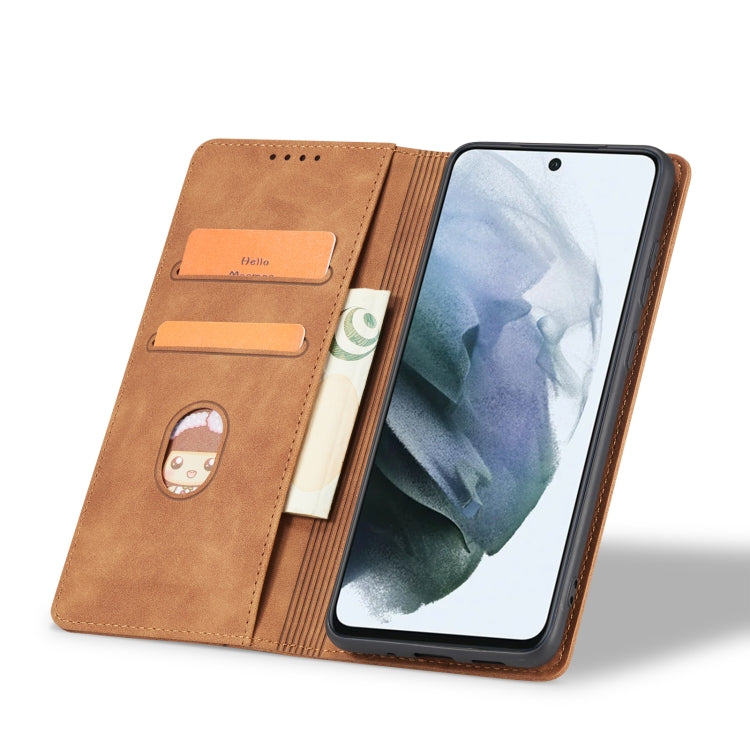 For Samsung Galaxy S21 FE 5G Skin-feel Calfskin Texture Magnetic Dual-Fold Horizontal Flip Leather Case with Holder & Card Slots & Wallet