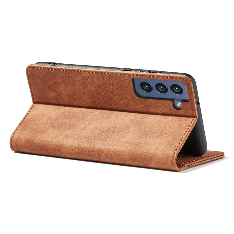 For Samsung Galaxy S21 FE 5G Skin-feel Calfskin Texture Magnetic Dual-Fold Horizontal Flip Leather Case with Holder & Card Slots & Wallet
