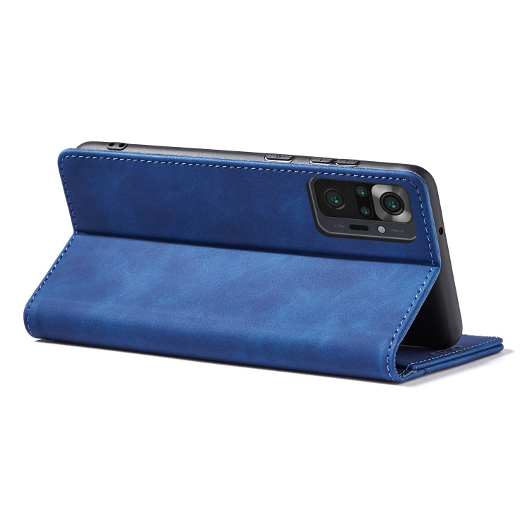 For Xiaomi Redmi Note 10 4G Skin-feel Calfskin Texture Magnetic Dual-Fold Horizontal Flip Leather Case with Holder & Card Slots & Wallet