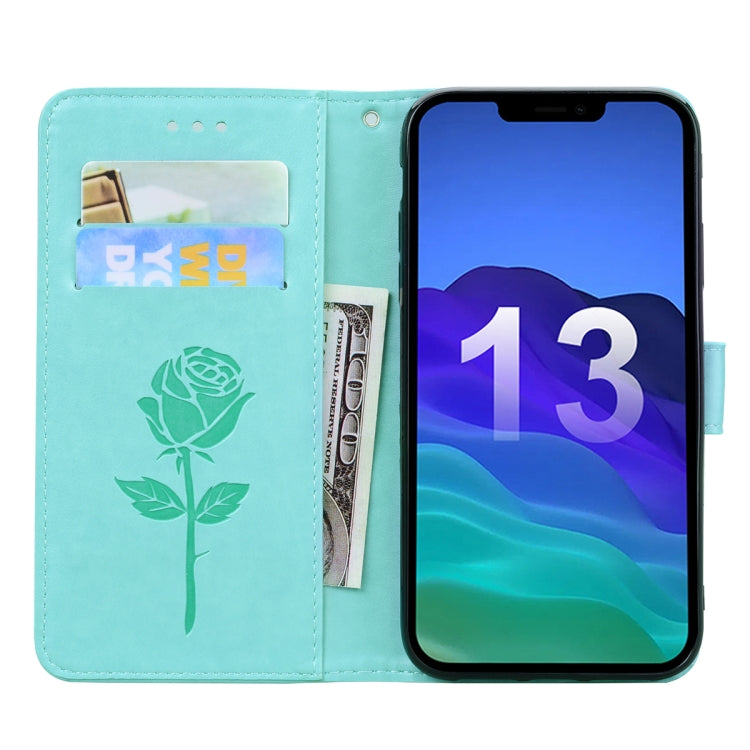 For iPhone 13 Rose Embossed Horizontal Flip PU Leather Case with Holder & Card Slots & Wallet