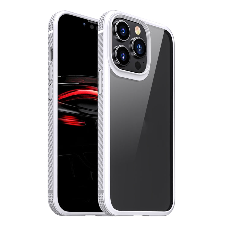 For iPhone 13 MG Series Carbon Fiber TPU + Clear PC Four-corner Airbag Shockproof Case Pro