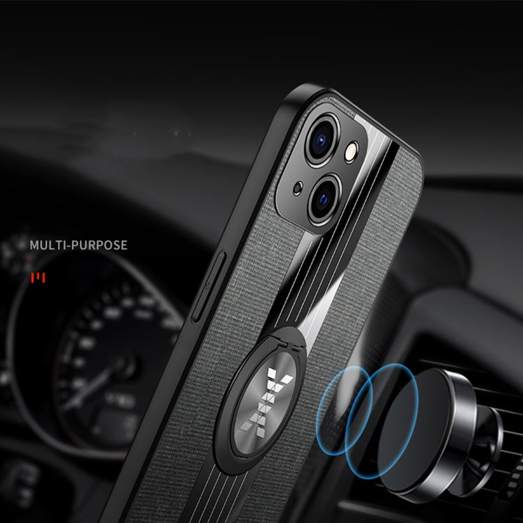 For iPhone 13 XINLI Stitching Cloth Textue Shockproof TPU Protective Case with Ring Holder