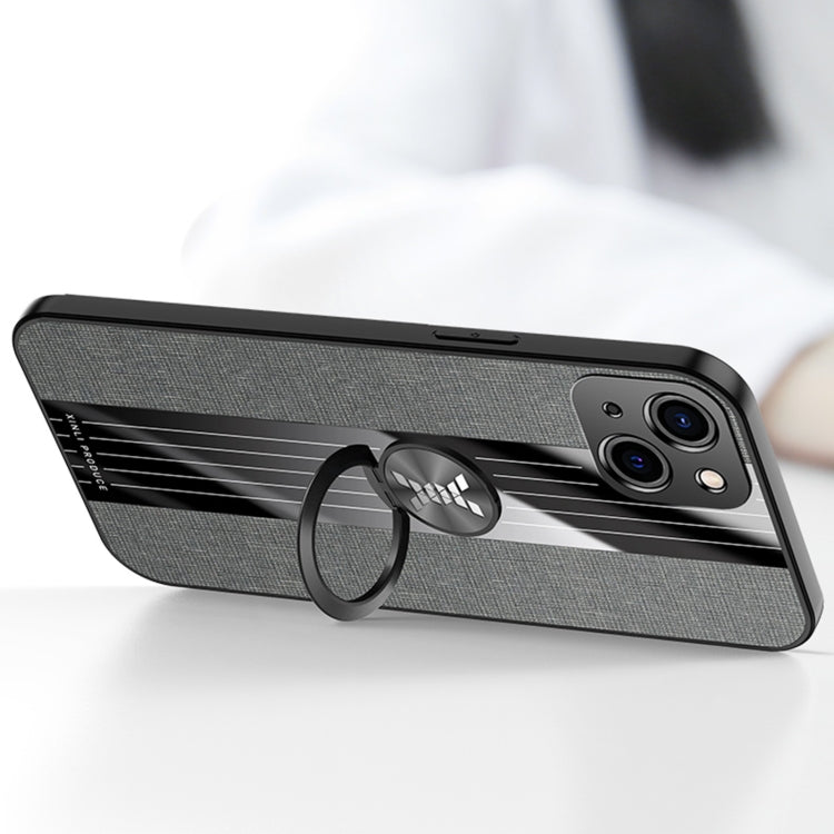 For iPhone 13 XINLI Stitching Cloth Textue Shockproof TPU Protective Case with Ring Holder