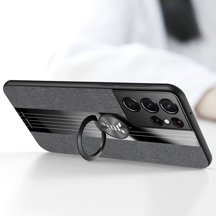 For Samsung Galaxy S21 Ultra 5G XINLI Stitching Cloth Textue Shockproof TPU Protective Case with Ring Holder