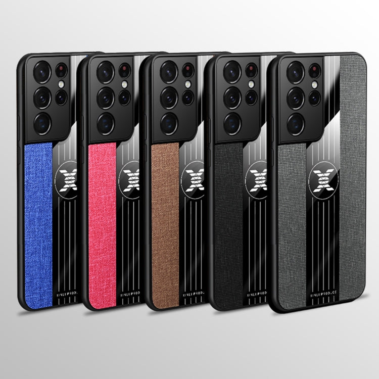 For Samsung Galaxy S21 Ultra 5G XINLI Stitching Cloth Textue Shockproof TPU Protective Case with Ring Holder