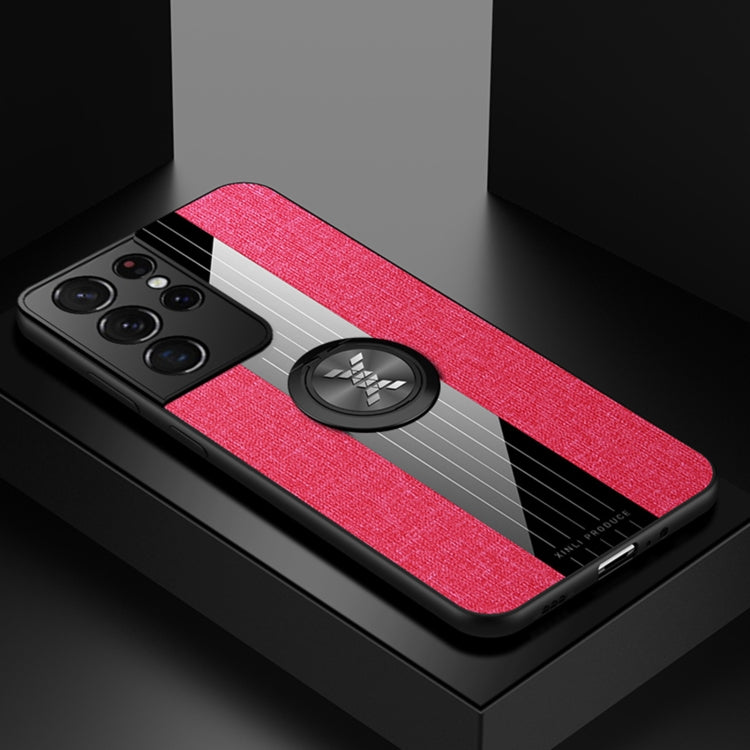 For Samsung Galaxy S21 Ultra 5G XINLI Stitching Cloth Textue Shockproof TPU Protective Case with Ring Holder