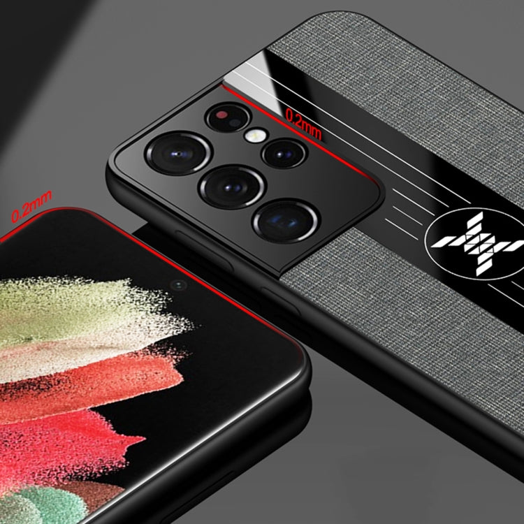 For Samsung Galaxy S21 Ultra 5G XINLI Stitching Cloth Textue Shockproof TPU Protective Case with Ring Holder