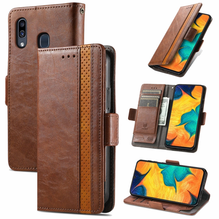 For Samsung Galaxy A20 CaseNeo Business Splicing Dual Magnetic Buckle Horizontal Flip PU Leather Case with Holder & Card Slots & Wallet