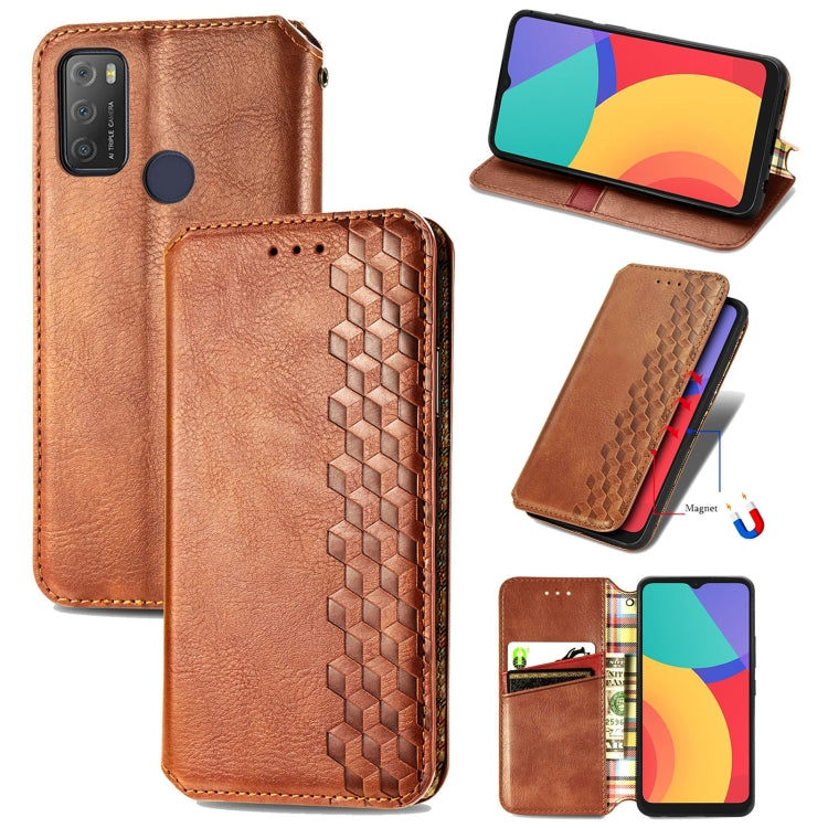 For Alcatel 1S 2021 Cubic Grid Pressed Horizontal Flip Magnetic PU Leather Case with Holder & Card Slots & Wallet