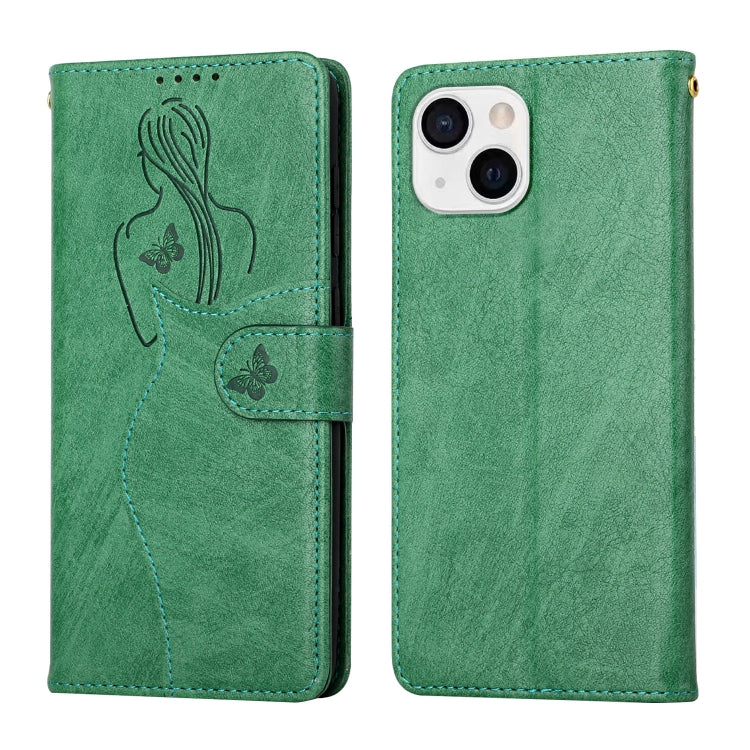 For iPhone 13 Beauty Girl Embossing Pattern Horizontal Flip Leather Case with Holder & Card Slot & Wallet & Photo Frame
