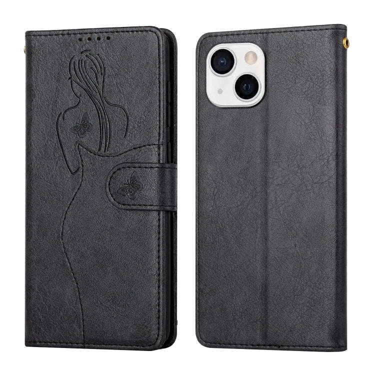 For iPhone 13 Beauty Girl Embossing Pattern Horizontal Flip Leather Case with Holder & Card Slot & Wallet & Photo Frame
