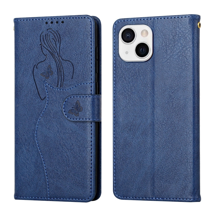 For iPhone 13 Beauty Girl Embossing Pattern Horizontal Flip Leather Case with Holder & Card Slot & Wallet & Photo Frame