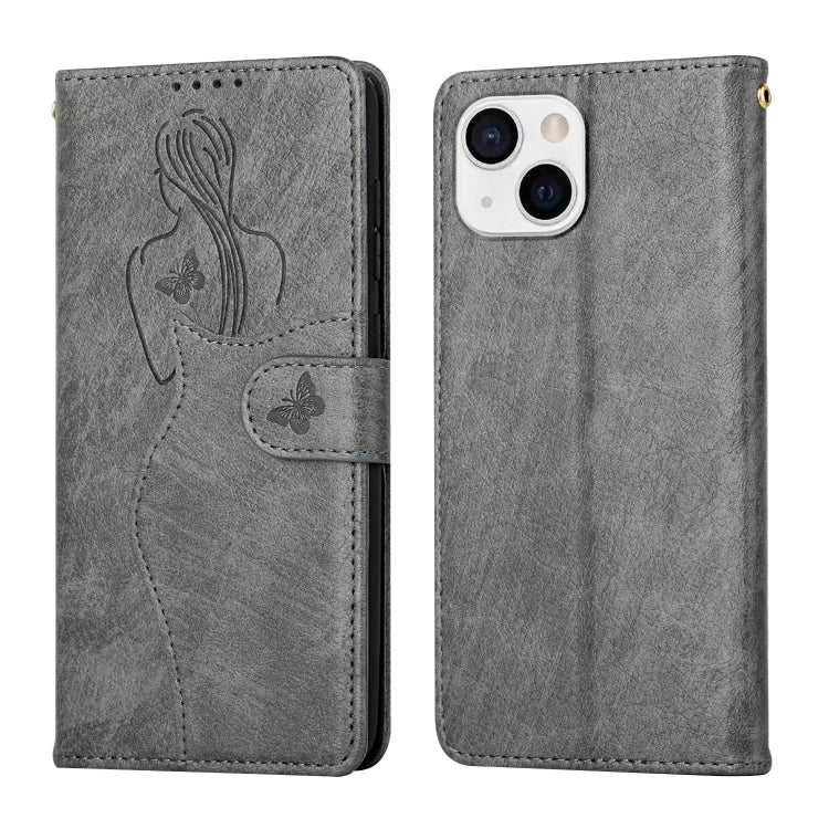 For iPhone 13 Beauty Girl Embossing Pattern Horizontal Flip Leather Case with Holder & Card Slot & Wallet & Photo Frame