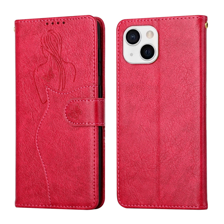 For iPhone 13 Beauty Girl Embossing Pattern Horizontal Flip Leather Case with Holder & Card Slot & Wallet & Photo Frame