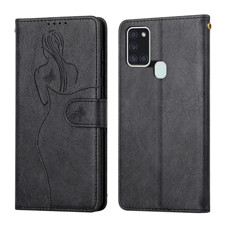 For Samsung Galaxy A21s Beauty Girl Embossing Pattern Horizontal Flip Leather Case with Holder & Card Slot & Wallet & Photo Frame