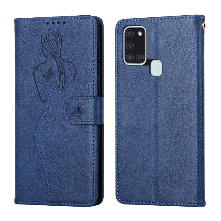 For Samsung Galaxy A21s Beauty Girl Embossing Pattern Horizontal Flip Leather Case with Holder & Card Slot & Wallet & Photo Frame