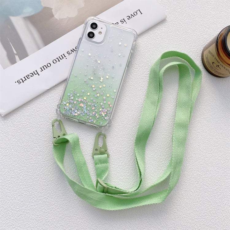 For iPhone 13 Pro Gradient Glitter Powder Epoxy TPU Thickened Acrylic Shockproof Case with Wide Neck Lanyard
