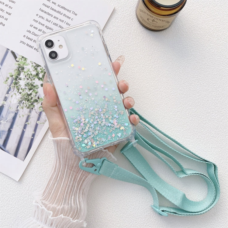 For iPhone 13 Pro Gradient Glitter Powder Epoxy TPU Thickened Acrylic Shockproof Case with Wide Neck Lanyard
