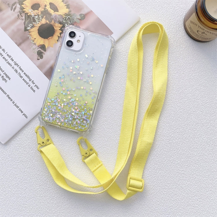 For iPhone 13 Pro Gradient Glitter Powder Epoxy TPU Thickened Acrylic Shockproof Case with Wide Neck Lanyard