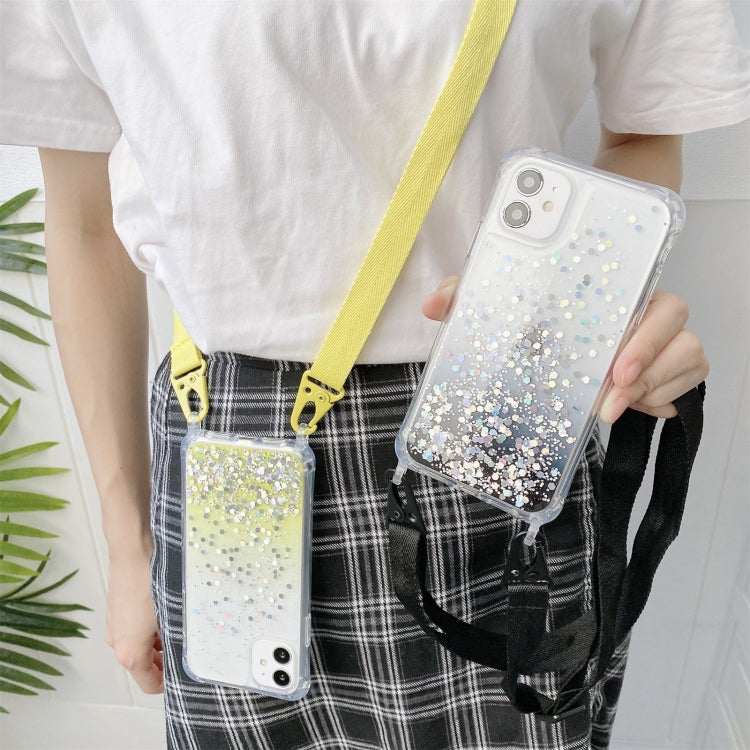 For iPhone 13 Pro Gradient Glitter Powder Epoxy TPU Thickened Acrylic Shockproof Case with Wide Neck Lanyard