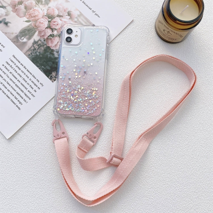 For iPhone 13 Pro Max Gradient Glitter Powder Epoxy TPU Thickened Acrylic Shockproof Case with Wide Neck Lanyard