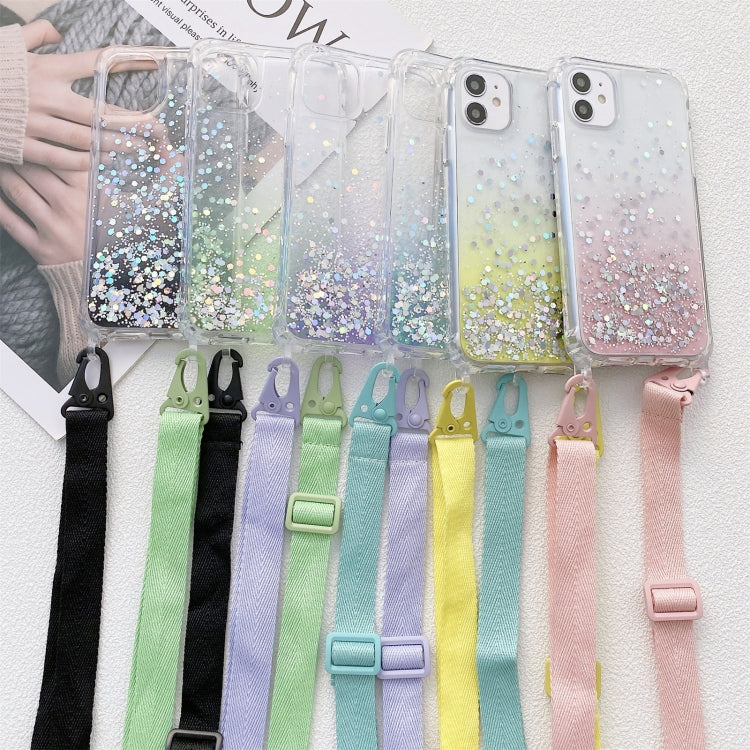 For iPhone 13 Pro Max Gradient Glitter Powder Epoxy TPU Thickened Acrylic Shockproof Case with Wide Neck Lanyard