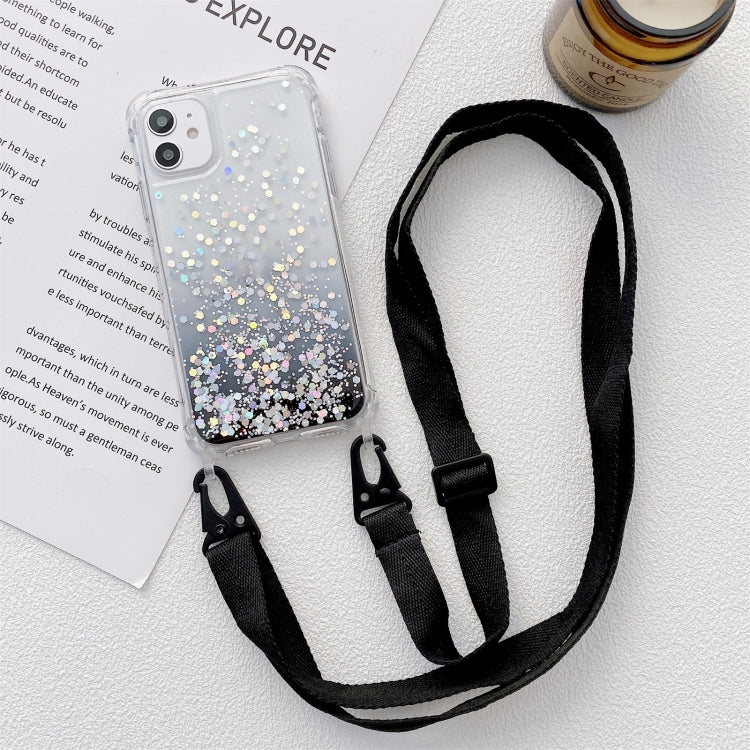 For iPhone 11 Pro Gradient Glitter Powder Epoxy TPU Thickened Acrylic Shockproof Case with Wide Neck Lanyard