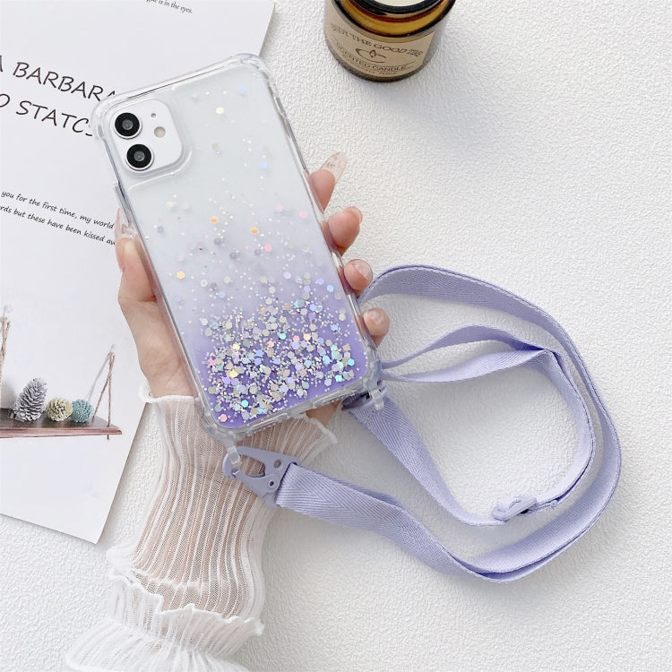 For iPhone 11 Pro Max Gradient Glitter Powder Epoxy TPU Thickened Acrylic Shockproof Case with Wide Neck Lanyard