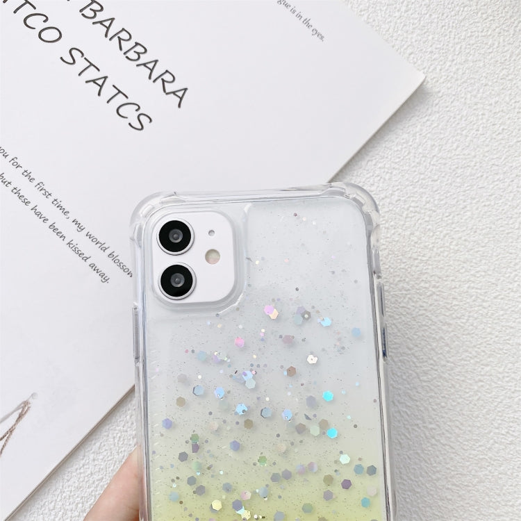 For iPhone 11 Pro Max Gradient Glitter Powder Epoxy TPU Thickened Acrylic Shockproof Case with Wide Neck Lanyard