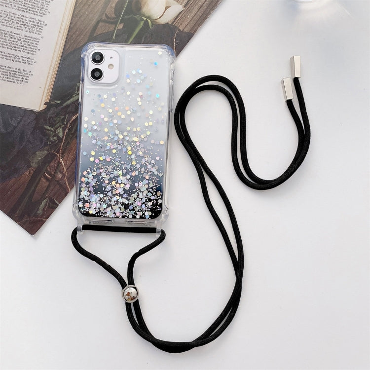 For iPhone 13 Pro Gradient Glitter Powder Epoxy TPU Thickened Acrylic Shockproof Case with Round Neck Lanyard