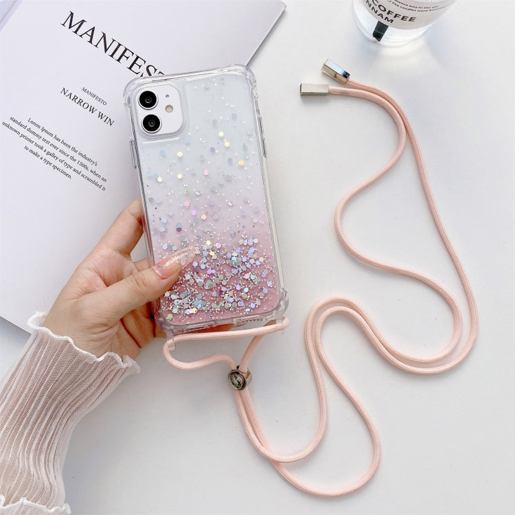For iPhone 13 Pro Gradient Glitter Powder Epoxy TPU Thickened Acrylic Shockproof Case with Round Neck Lanyard