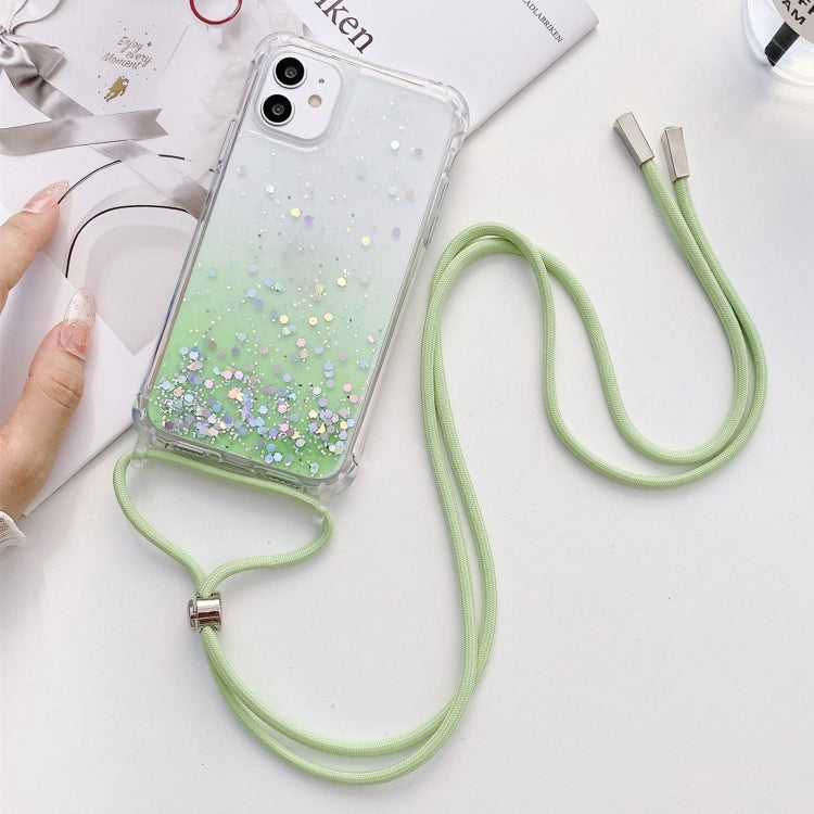 For iPhone 13 Pro Max Gradient Glitter Powder Epoxy TPU Thickened Acrylic Shockproof Case with Round Neck Lanyard
