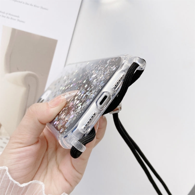 For iPhone 13 Pro Max Gradient Glitter Powder Epoxy TPU Thickened Acrylic Shockproof Case with Round Neck Lanyard