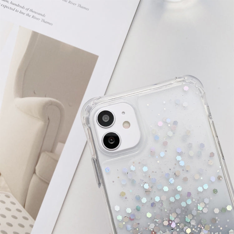 For iPhone 12 / 12 Pro Gradient Glitter Powder Epoxy TPU Thickened Acrylic Shockproof Case with Round Neck Lanyard