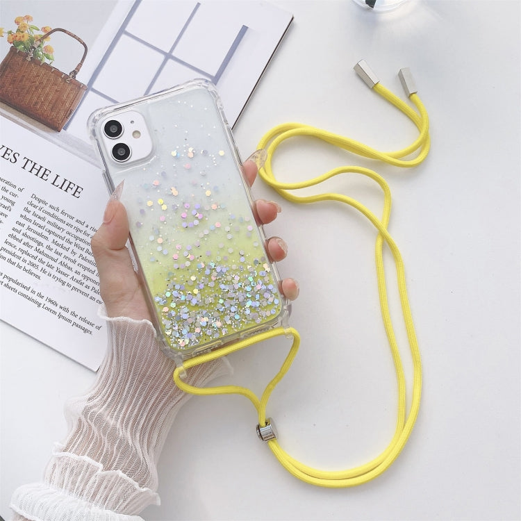 For iPhone 11 Pro Gradient Glitter Powder Epoxy TPU Thickened Acrylic Shockproof Case with Round Neck Lanyard