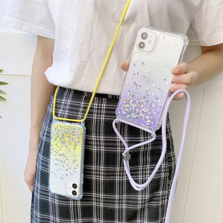 For iPhone 11 Pro Gradient Glitter Powder Epoxy TPU Thickened Acrylic Shockproof Case with Round Neck Lanyard