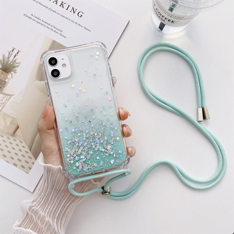For iPhone 11 Pro Max Gradient Glitter Powder Epoxy TPU Thickened Acrylic Shockproof Case with Round Neck Lanyard