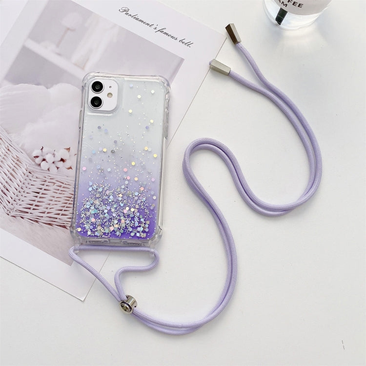 For iPhone 11 Pro Max Gradient Glitter Powder Epoxy TPU Thickened Acrylic Shockproof Case with Round Neck Lanyard