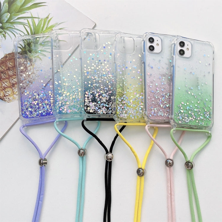 For iPhone 11 Pro Max Gradient Glitter Powder Epoxy TPU Thickened Acrylic Shockproof Case with Round Neck Lanyard
