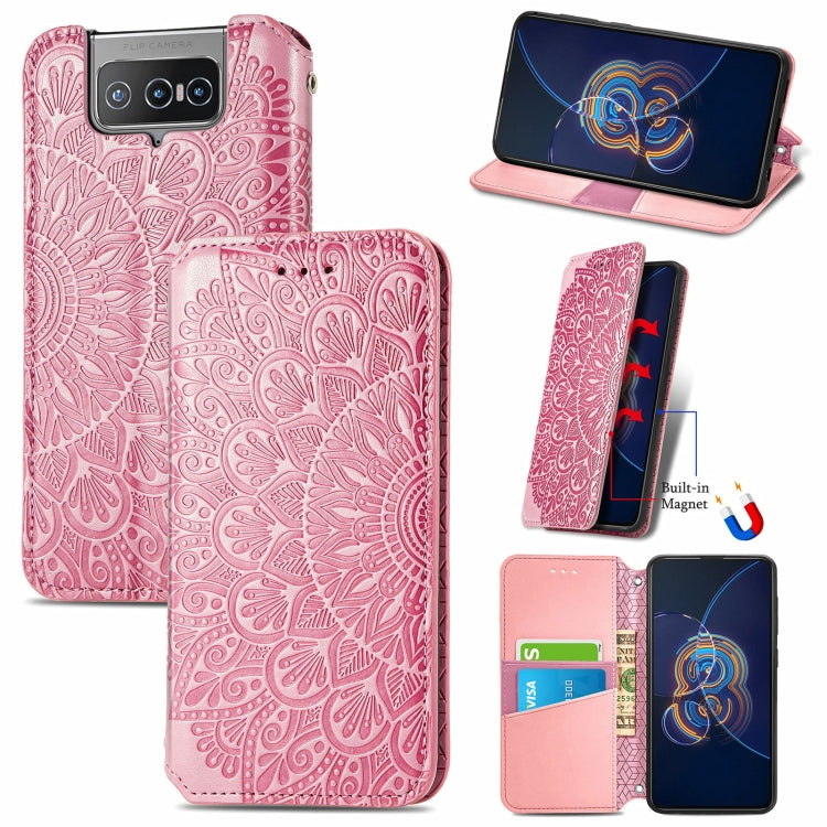 For Asus Zenfone 8 Flip Blooming Mandala Embossed Pattern Magnetic Horizontal Flip Leather Case with Holder & Card Slots & Wallet