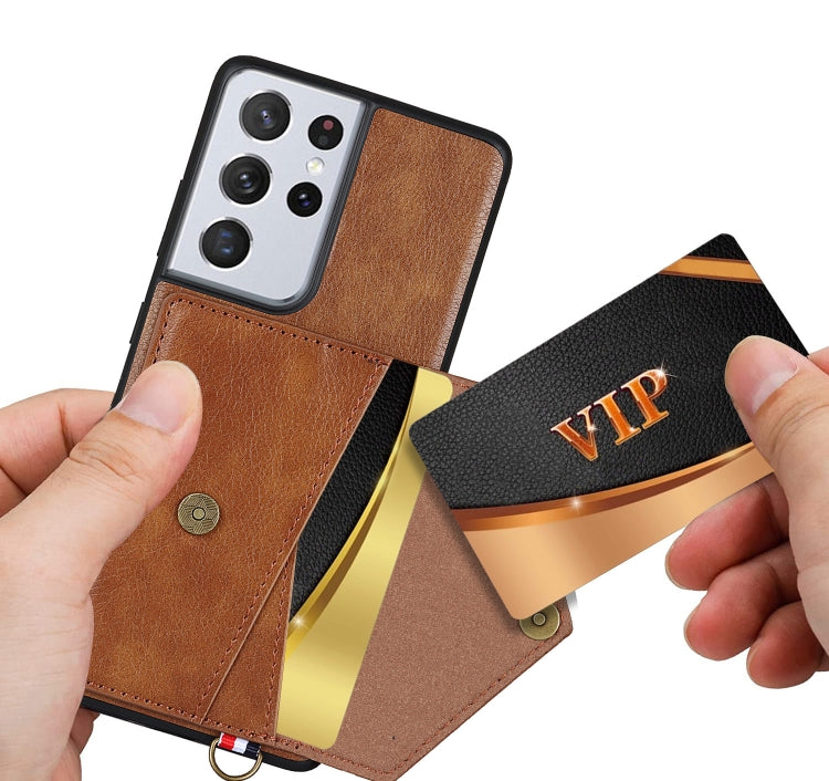 For Samsung Galaxy S21 Ultra 5G Litchi Texture Silicone + PC + PU Leather Back Cover Shockproof Case with Card Slot