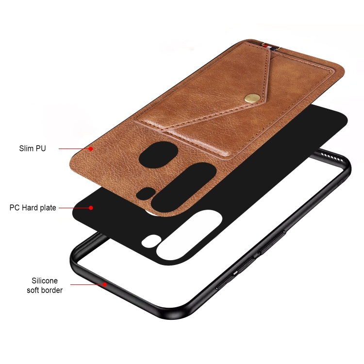 For Samsung Galaxy A21 EU Version Litchi Texture Silicone + PC + PU Leather Back Cover Shockproof Case with Card Slot
